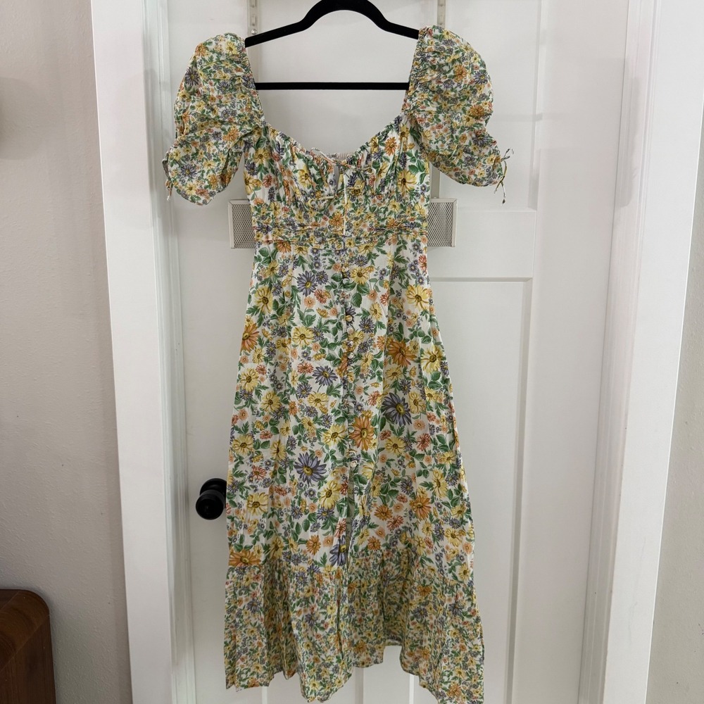 For Love & Lemons Riley Midi Dress Floral Puff Sleeve Cotton XS Cottagecore Boho